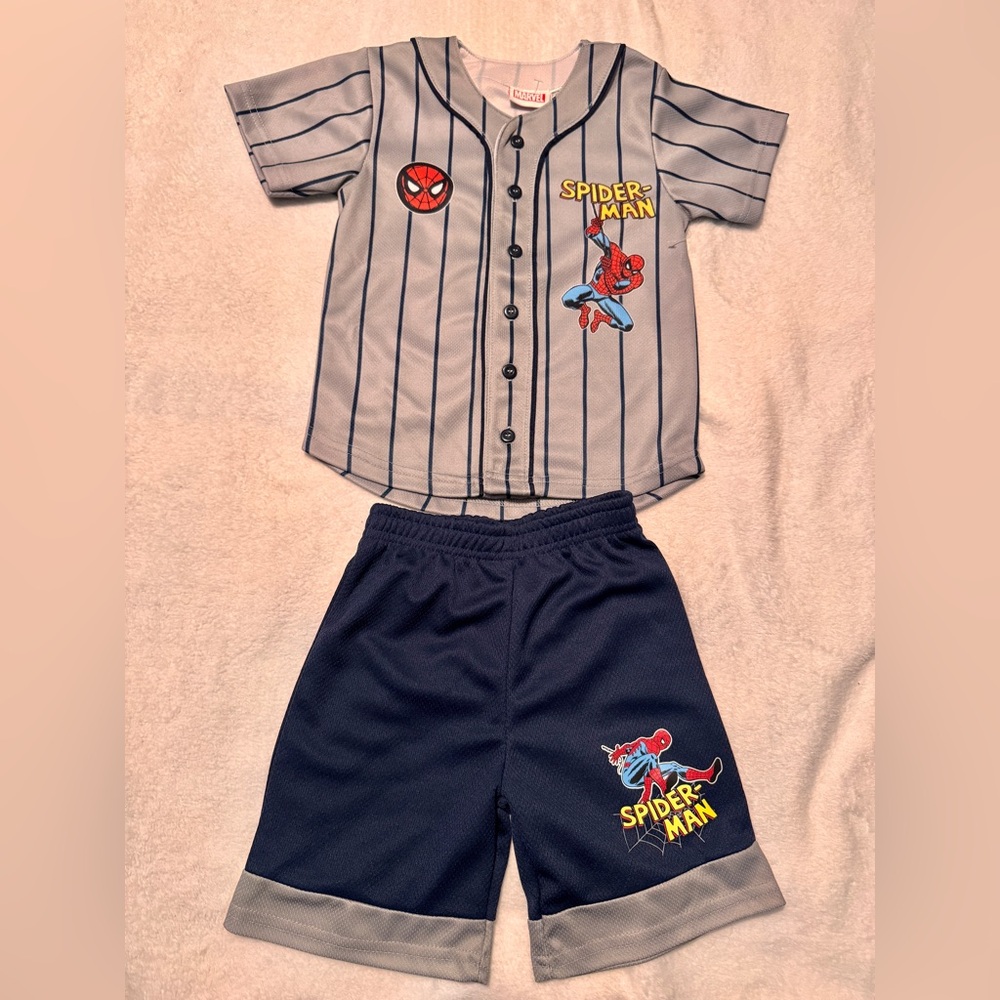 NWoT Spider-Man Kids Boys Baseball Jersey Shirt and Shorts Set Gray and Blue